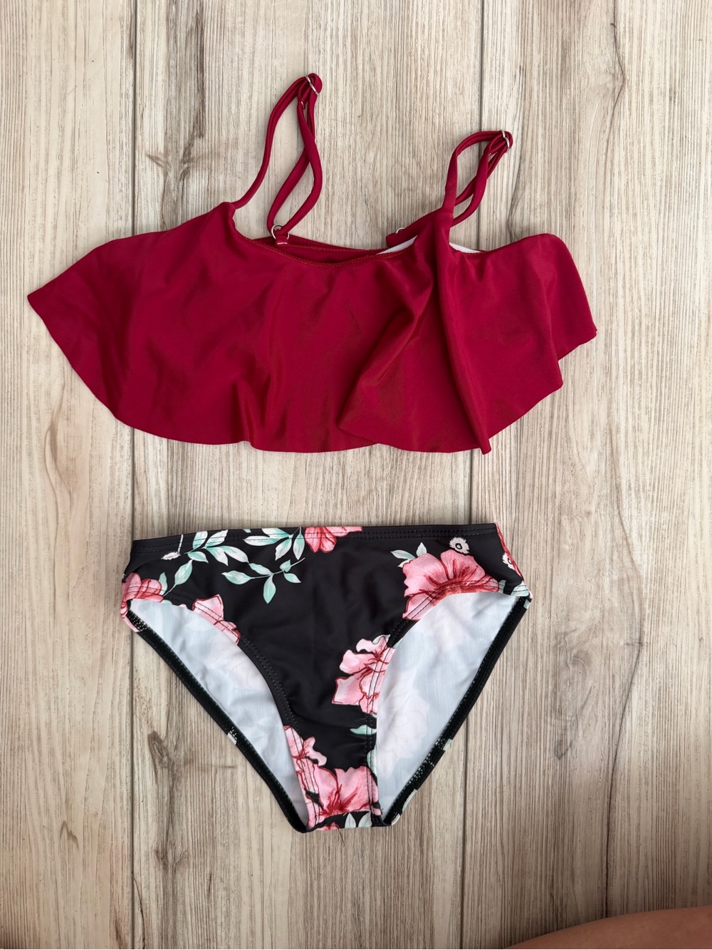 Girls Red Ruffle Bikini Top with Black Floral Bottom - Kids Swim